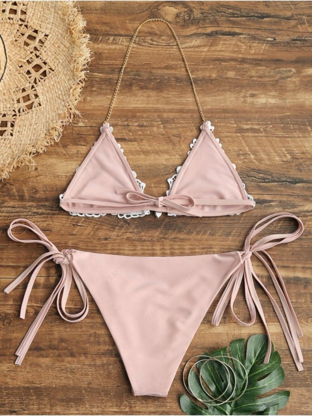 ZAFUL | L | Crochet Panel Rhinestone String Bikini Pink Beige White Bottoms - Picture 15 of 15